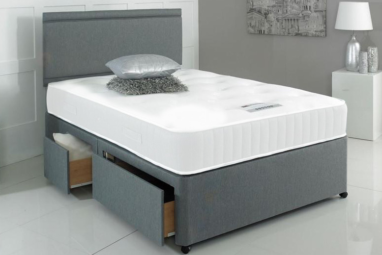 Grey Fabric Divan Bed Set with Mattress, Headboard & Drawer Options