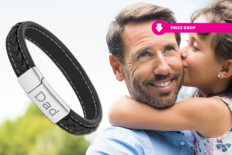 £12 instead of £69.99 (from Gemnations) for a black leather bracelet with Dad engraving – save 83%